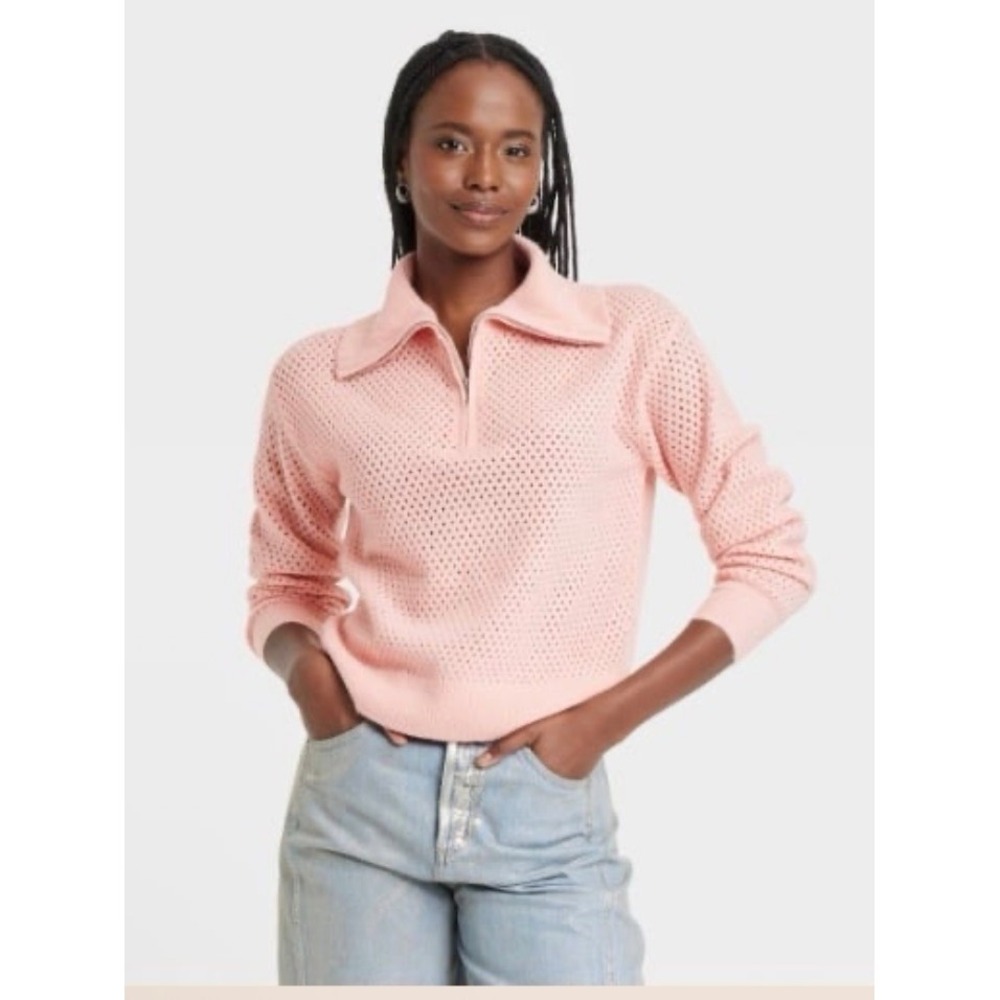 Universal Thread Pink Quarter Zip Sweater Womens Medium Textured Knit Pullover